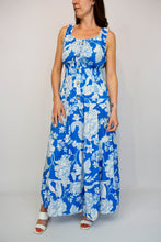 Load image into Gallery viewer, Elasticated Button Front Stencil Flower Midi Dress Blue
