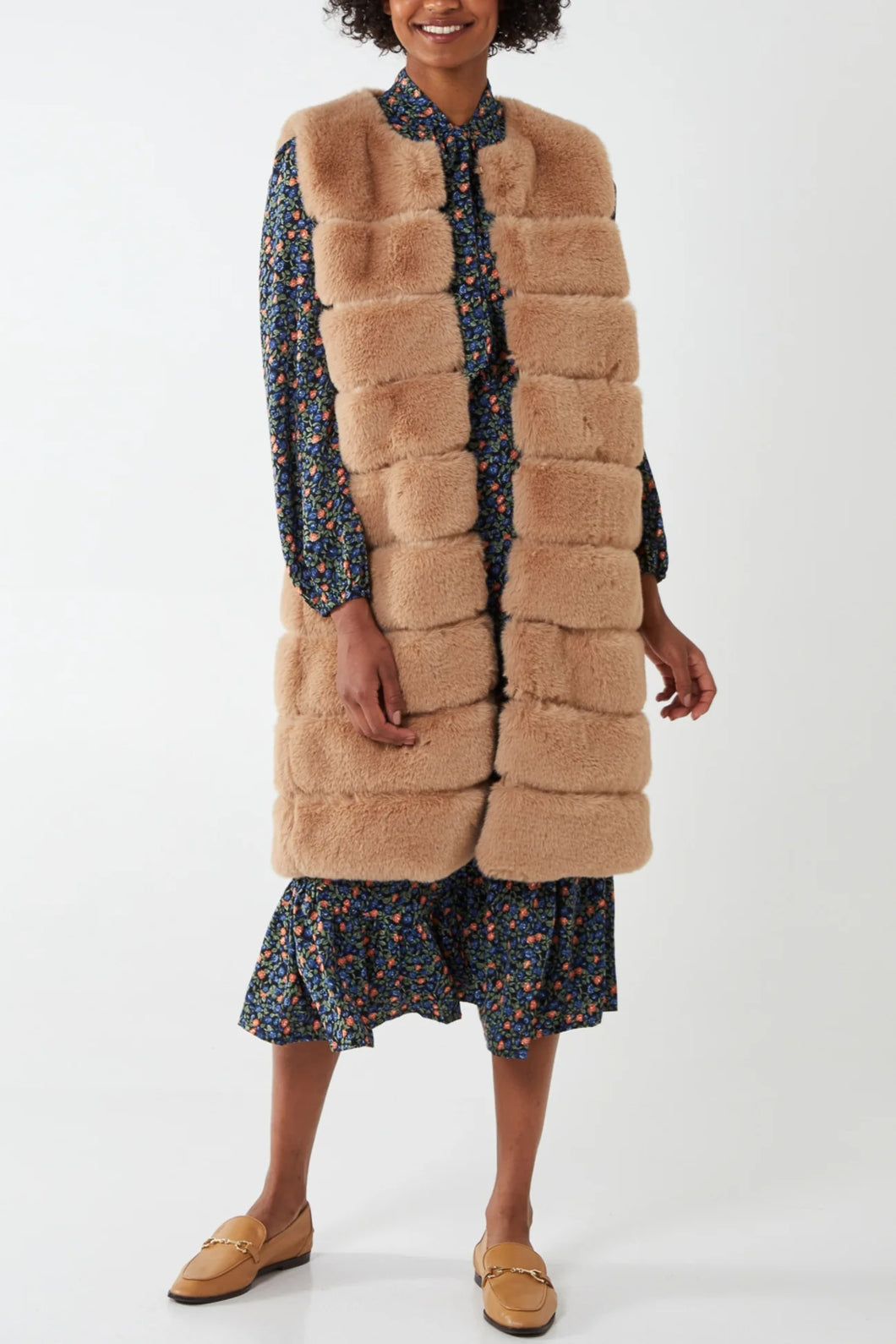 Camel Longline Faux Fur Gilet