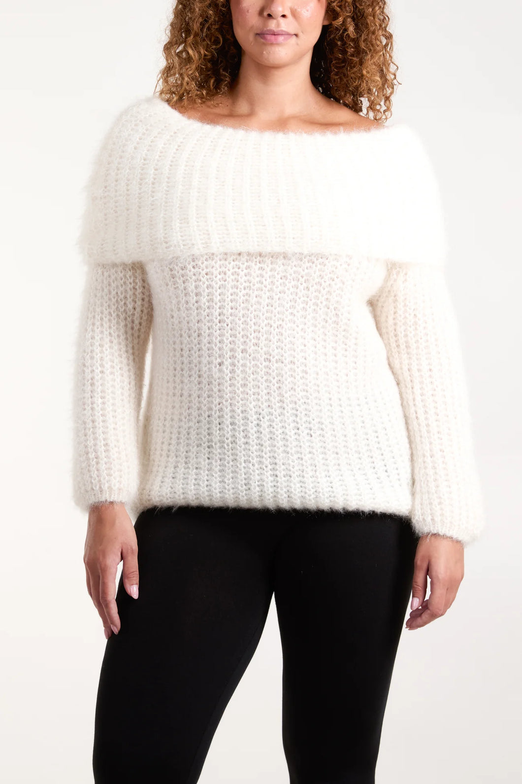 Cream Fluffy Knit Off Shoulders Jumper