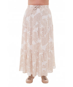 Linen Dotty Leaf Print Tiered Maxi Skirt Stone