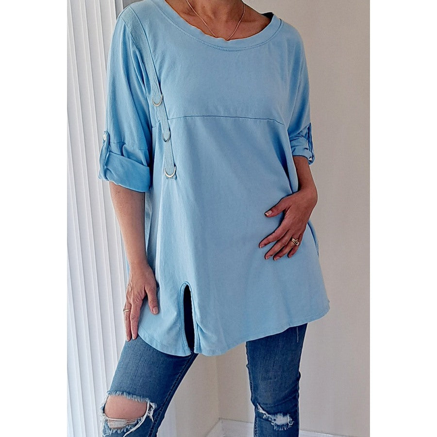 Casual Panelled Cotton Top With Silver D-rings Blue