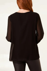 Round Neck Diamante Pleated Blouse