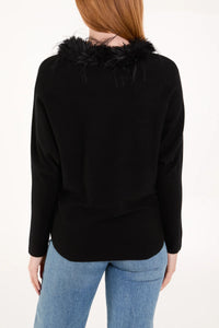 Fur Collared Fine Rib Knit Jumper