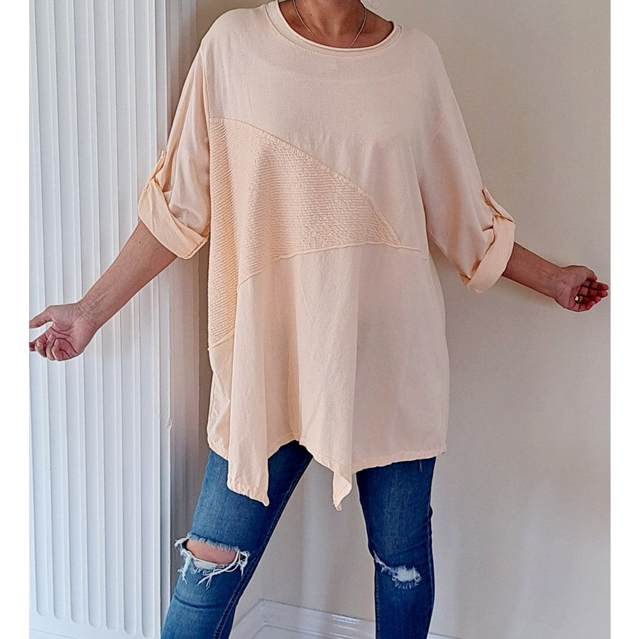 Casual Raw Rib Edged Panelled Top With Shaped Gathered Hem Peach