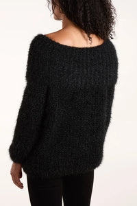 Black Fluffy Knit Off Shoulders Jumper