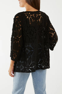 Crochet 3/4 Sleeve Cardigan Black