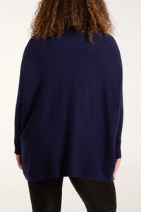 Roll Neck Pockets Ribbed Detail Jumper Navy