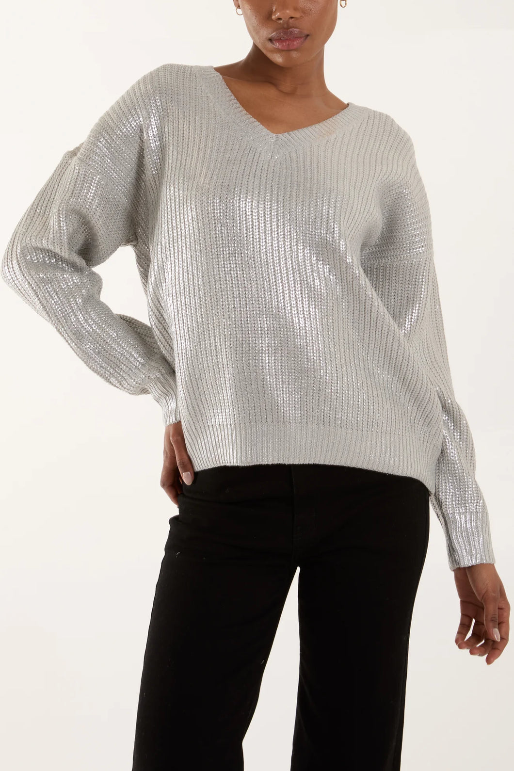 Metallic Silver Coated V-Neck Knit Jumper