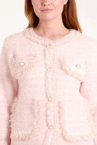 Pearl Button Tweed Knit Jacket Pink