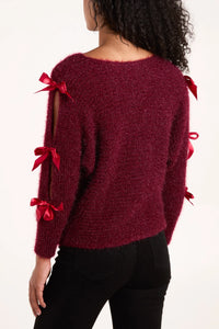 Wine Bow Sleeve Fluffy Knit Jumper