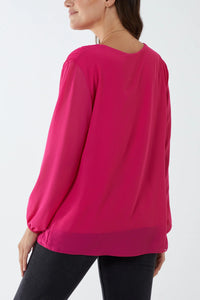 Pleated Long Sleeve Necklace Top Pink