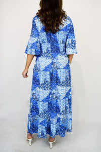 Multi Print Shirring V-Neck Maxi Dress