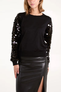 Sequin Sleeve Fine Knit Jumper Black