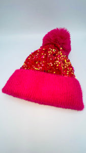 Sequin Pom Pom Hat Fuschia