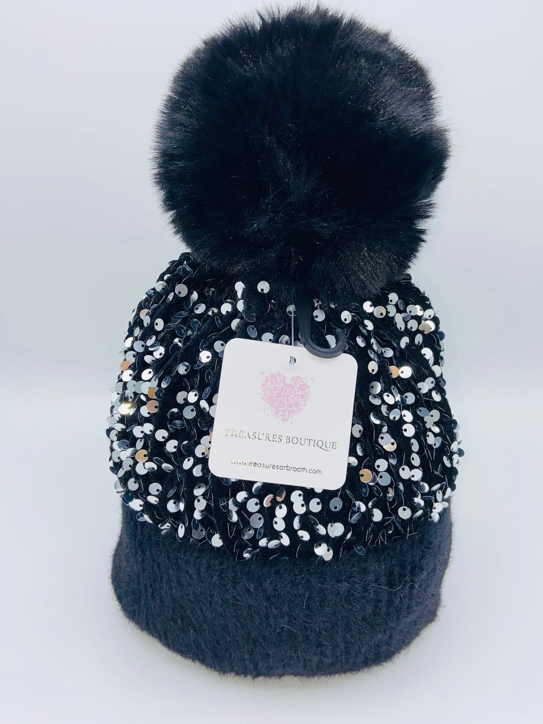 Sequin Pom Pom Hat Black