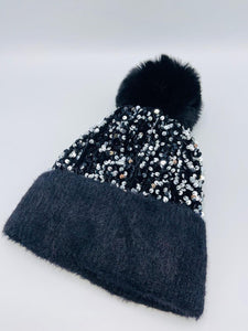 Sequin Pom Pom Hat Black