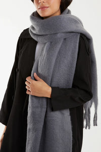 Grey Plain Tassel Fluffy Scarf