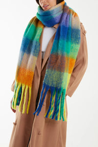 Green & Blue Checked Tartan Tassel Fluffy Scarf