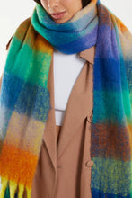 Load image into Gallery viewer, Green &amp; Blue Checked Tartan Tassel Fluffy Scarf
