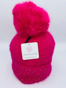 Pom Pom Hat Diamond Detail Fuschia