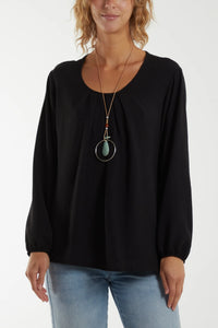 Necklace Long Sleeve Floaty Blouse Black