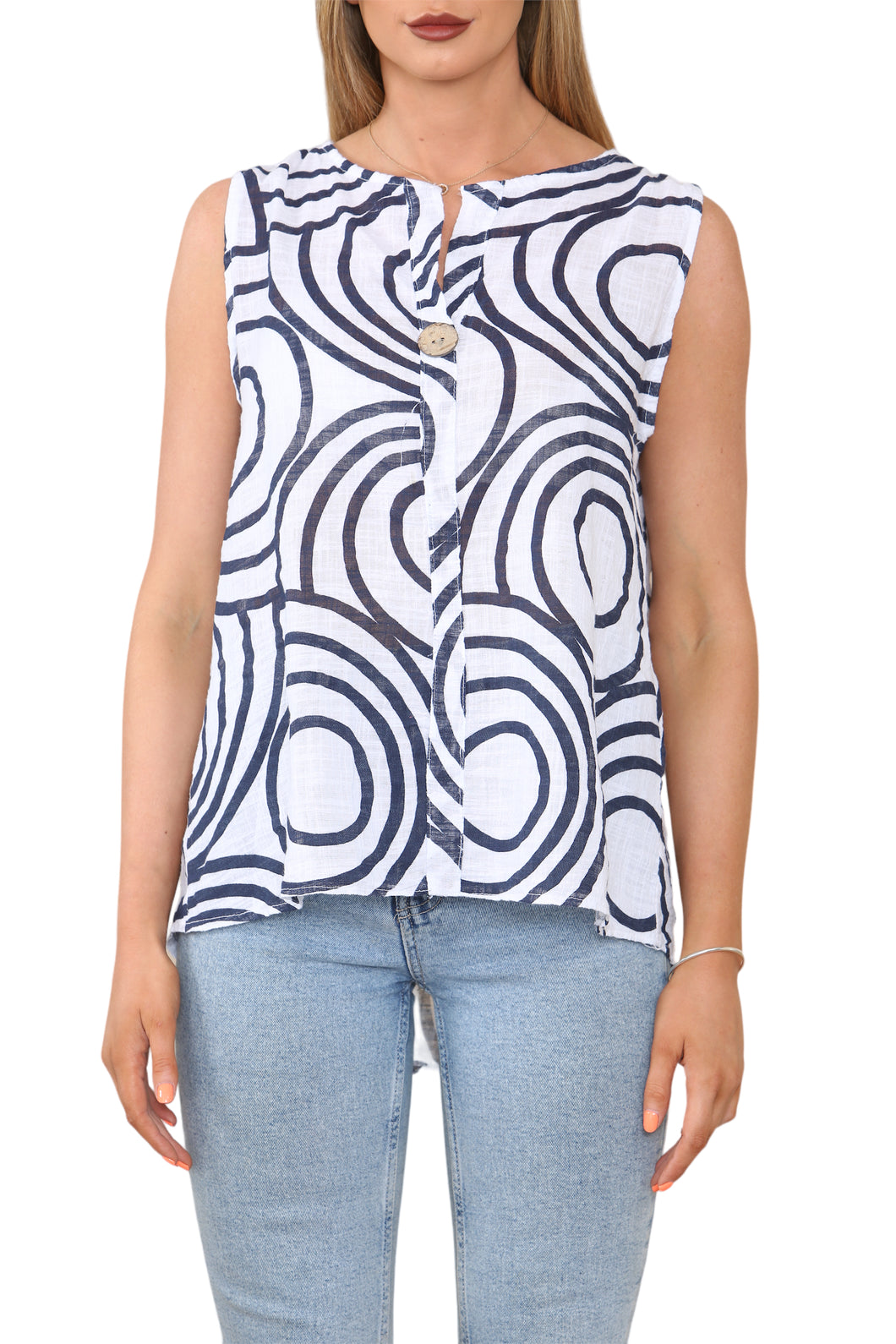 Ladies Abstract Print Grandad Collar Sleeveless Top