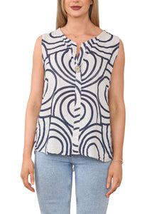 Ladies Abstract Print Grandad Collar Sleeveless Top