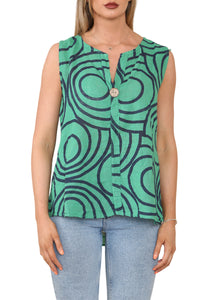 Ladies Abstract Print Grandad Collar Sleeveless Top